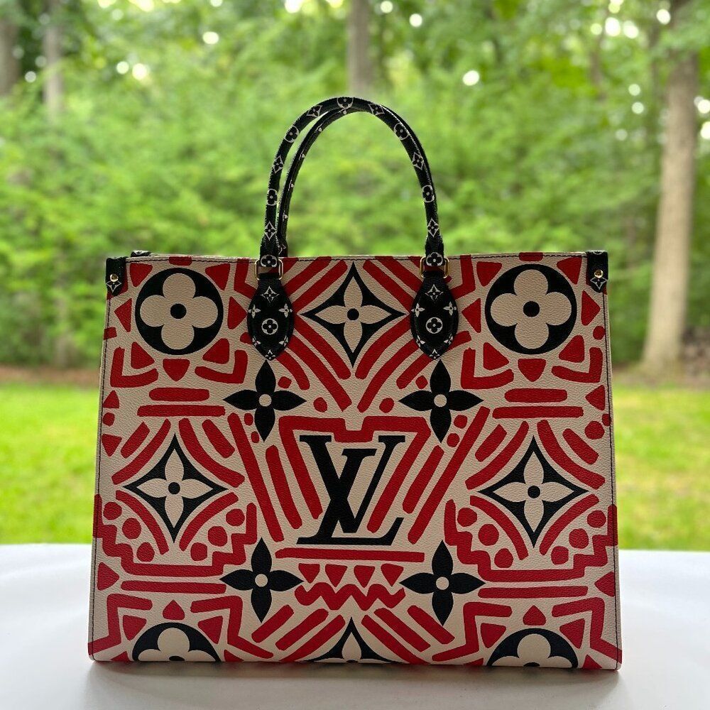 Louis Vuitton Monogram Giant Crafty Onthego GM Cream Red Tote Shoulder Handbag